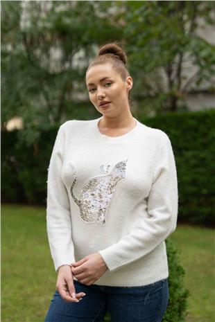 Kedi Desen Pul İşleme Detay Triko