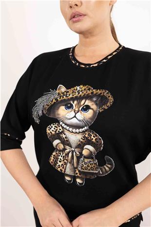 Kedi Figür Baskı Ve Taş İşleme Detaykı Bluz
