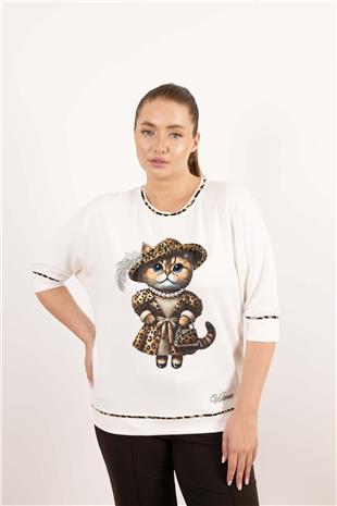 Kedi Fiğür Baskı Ve Taş İşleme Detaykı Bluz