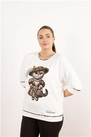 Kedi Fiğür Baskı Ve Taş İşleme Detaykı Bluz