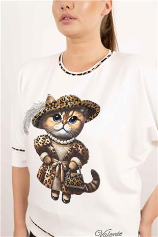 Kedi Fiğür Baskı Ve Taş İşleme Detaykı Bluz