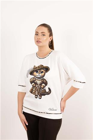 Kedi Fiğür Baskı Ve Taş İşleme Detaykı Bluz
