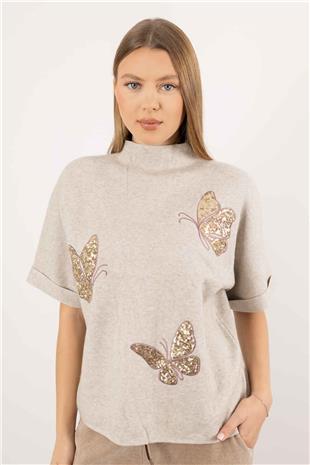 Kelebek Desen Pul İşleme Triko Bluz