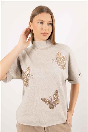 Kelebek Desen Pul İşleme Triko Bluz