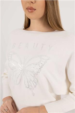 Kelebek Desen Pul Payet İşleme Triko