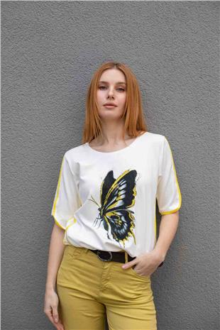 Kelebek Taş Baskı Detaylı Bluz