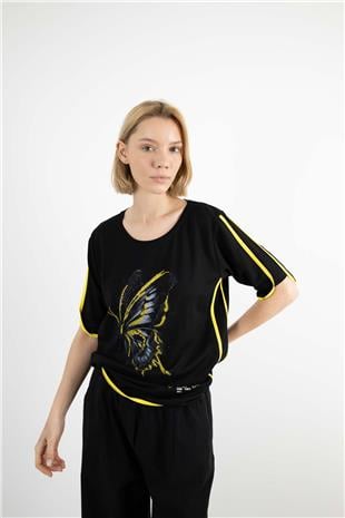 Kelebek Taş Baskı Detaylı Bluz