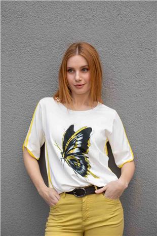 Kelebek Taş Baskı Detaylı Bluz