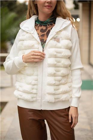 Kendinden Çizgili Peluş Mont