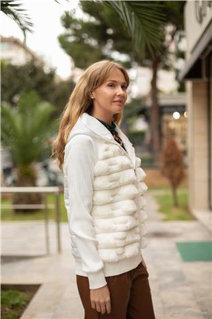 Kendinden Çizgili Peluş Mont