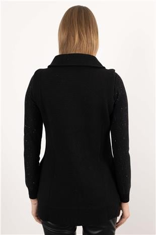 Kısa Kollu Fermuarlı Ve Cepli Şerit Detaylı Örme Yelek