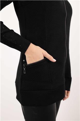 Kısa Kollu Fermuarlı Ve Cepli Şerit Detaylı Örme Yelek