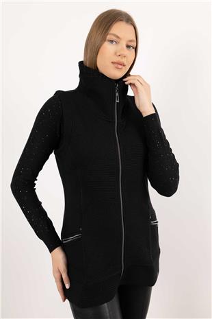 Kısa Kollu Fermuarlı Ve Cepli Şerit Detaylı Örme Yelek