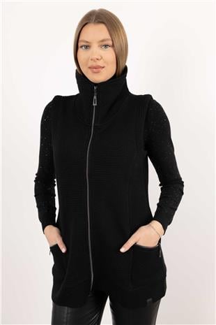 Kısa Kollu Fermuarlı Ve Cepli Şerit Detaylı Örme Yelek