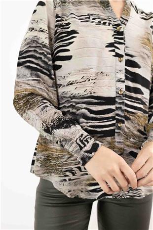 Kol Lastik Ve Büzgü Detaylı Karışık Desenli  Gömlek