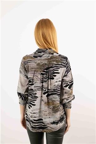 Kol Lastik Ve Büzgü Detaylı Karışık Desenli  Gömlek