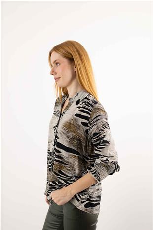 Kol Lastik Ve Büzgü Detaylı Karışık Desenli  Gömlek