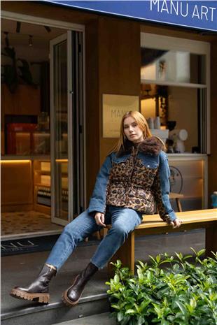 Leopar Desen Pul Payet İşleme Detay Kot Ceket