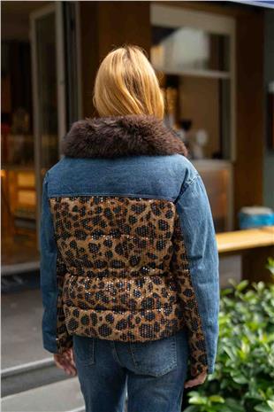Leopar Desen Pul Payet İşleme Detay Kot Ceket