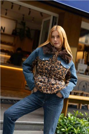 Leopar Desen Pul Payet İşleme Detay Kot Ceket