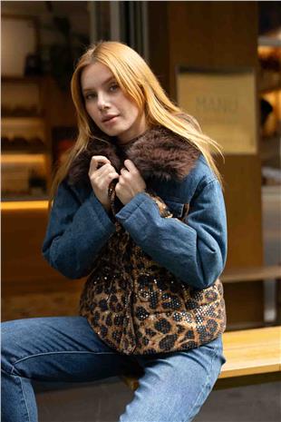 Leopar Desen Pul Payet İşleme Detay Kot Ceket