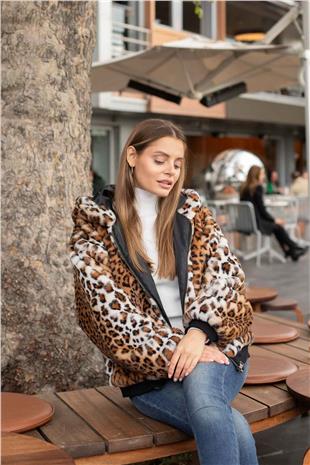 Leopar Desen Tüylü Mont