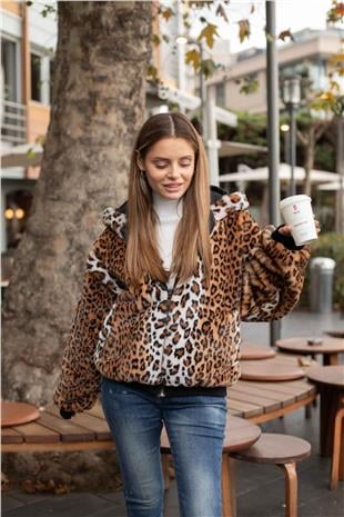 Leopar Desen Tüylü Mont