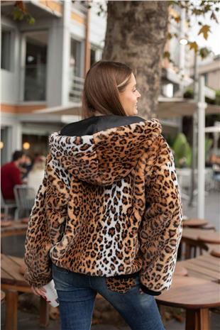 Leopar Desen Tüylü Mont