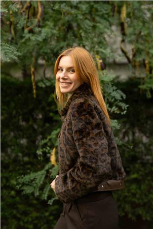 Leopar Desenli  Deri Fermuar Detaylı Pelüş Ceket