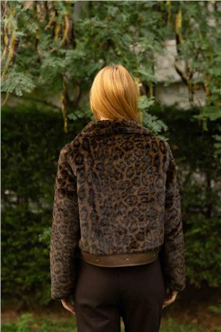 Leopar Desenli  Deri Fermuar Detaylı Pelüş Ceket