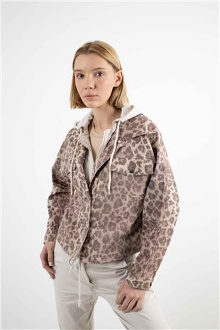 Leopar Desenli İçi Polar Detaylı Kapüşonlu Ceket