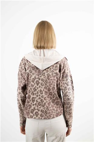 Leopar Desenli İçi Polar Detaylı Kapüşonlu Ceket