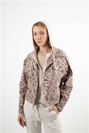 Leopar Desenli İçi Polar Detaylı Kapüşonlu Ceket