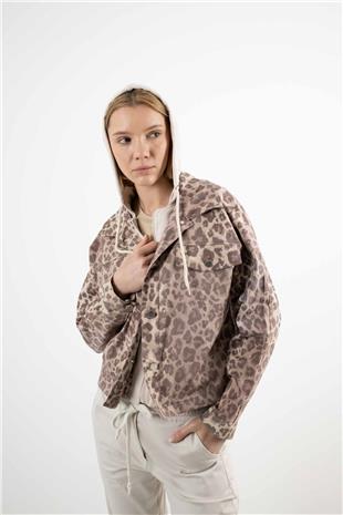 Leopar Desenli İçi Polar Detaylı Kapüşonlu Ceket