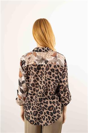 Leopar Ve Çiçek Desenli Gömlek
