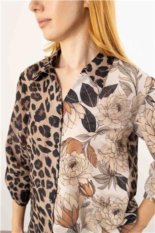 Leopar Ve Çiçek Desenli Gömlek