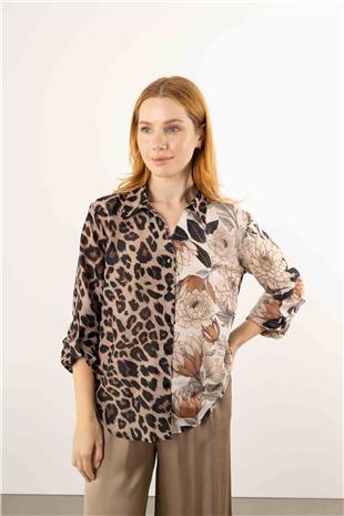 Leopar Ve Çiçek Desenli Gömlek
