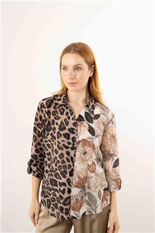 Leopar Ve Çiçek Desenli Gömlek