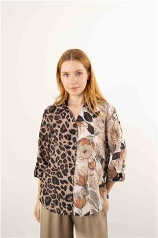 Leopar Ve Çiçek Desenli Gömlek