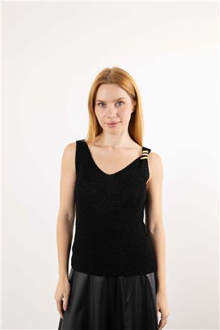 Omuz Bronş Detay Askılı Örme Bluz