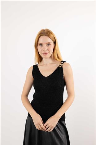 Omuz Bronş Detay Askılı Örme Bluz