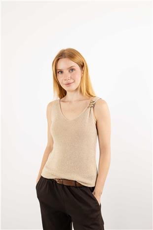 Omuz Bronş Detay Askılı Örme Bluz