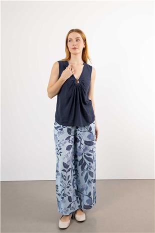 Orkide Desenli Keten Pantolon