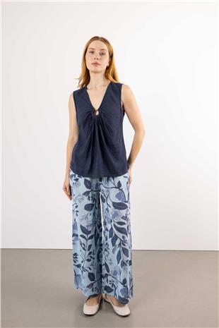 Orkide Desenli Keten Pantolon