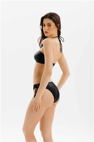 Parlak Desen Yan İp Bağlama Detay Büzgülü Kadın Bikini
