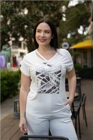 Pencereli V Yaka Detay Dantelli Desenli Kadın Bluz