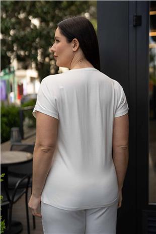 Pencereli V Yaka Detay Dantelli Desenli Kadın Bluz