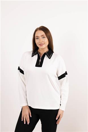 Polo Yaka Detaylı Fermuar VeTaş Baskı Desenli Bluz