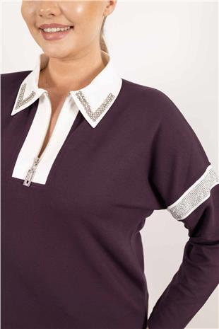 Polo Yaka Detaylı Fermuar VeTaş Baskı Desenli Bluz