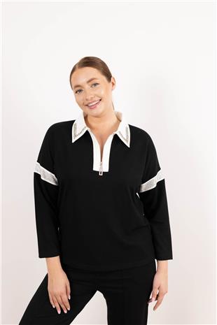 Polo Yaka Detaylı Fermuar VeTaş Baskı Desenli Bluz